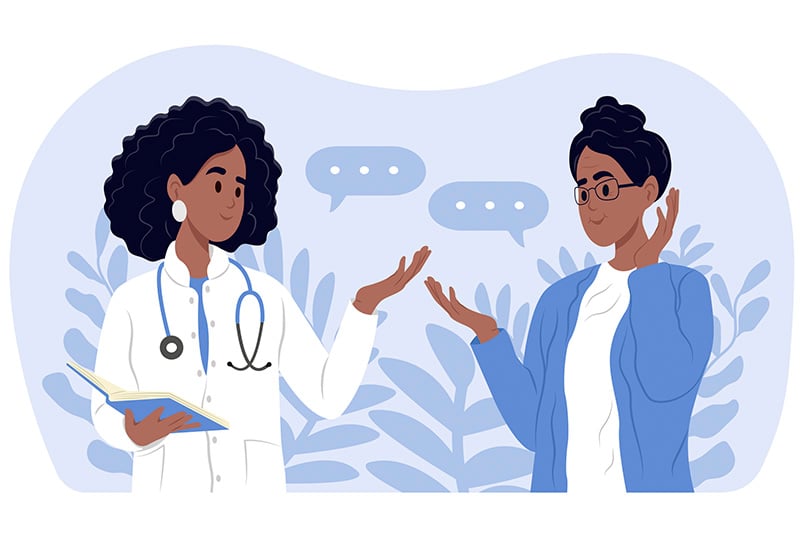 Ilustração de médica conversando com paciente para artigo sobre menstruação com pedaços de pele. Ambas as mulheres são negras