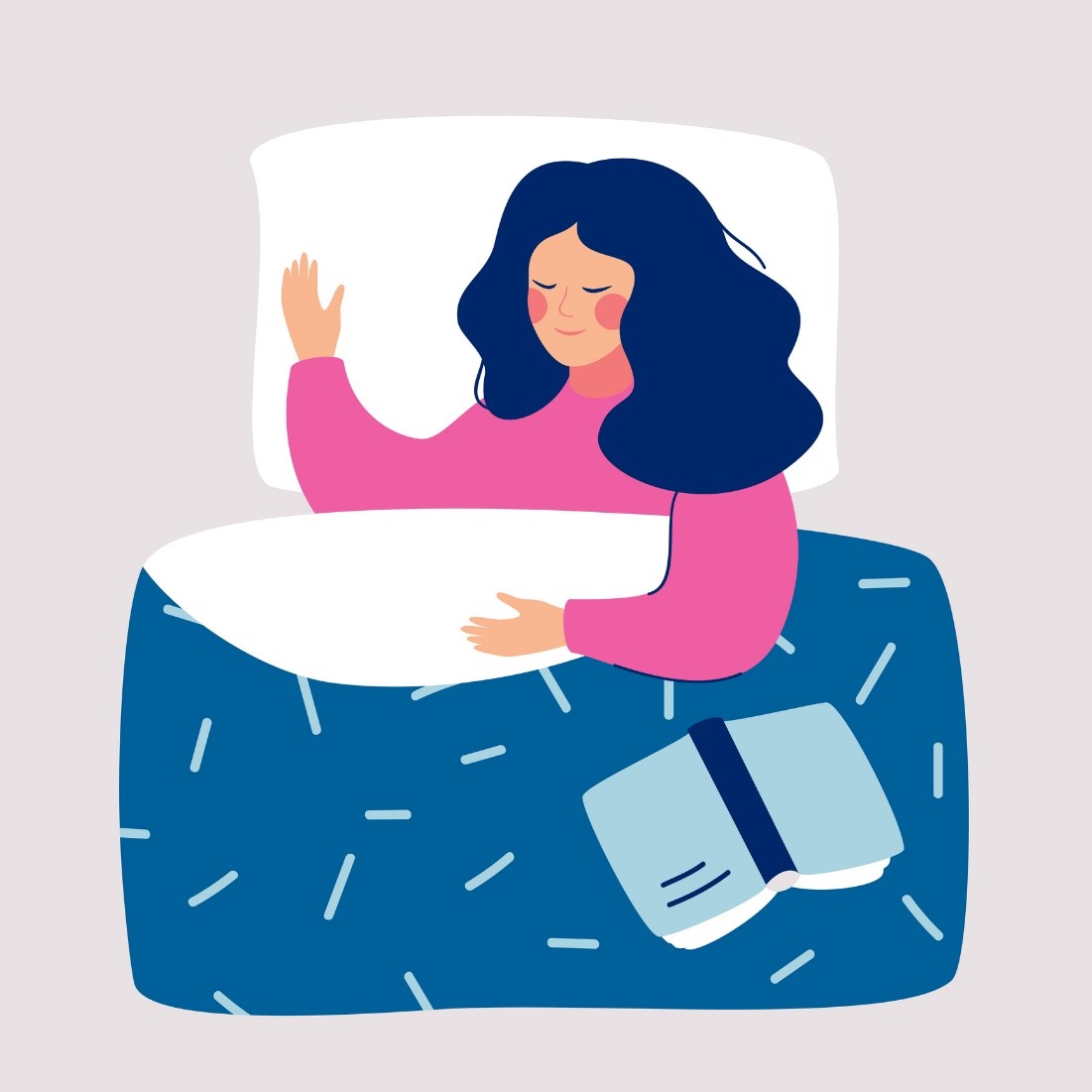 desenho de uma menina dormindo com um livro aberto sobre o cobertor