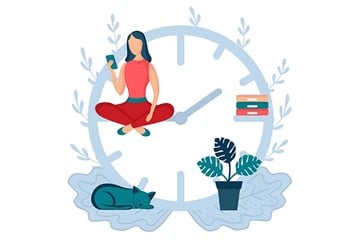 desenho de um relógio com alguns elementos - uma menina sentada mexendo no celular, um gato deitado, uma planta e alguns livros