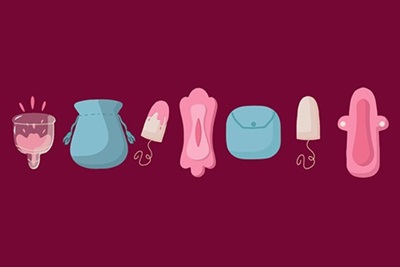 desenho de um coletor menstrual, um absorvente externo, interno e protetor diário