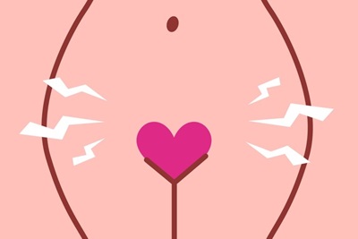 desenho da parte do quadril de uma mulher, com um coração rosa