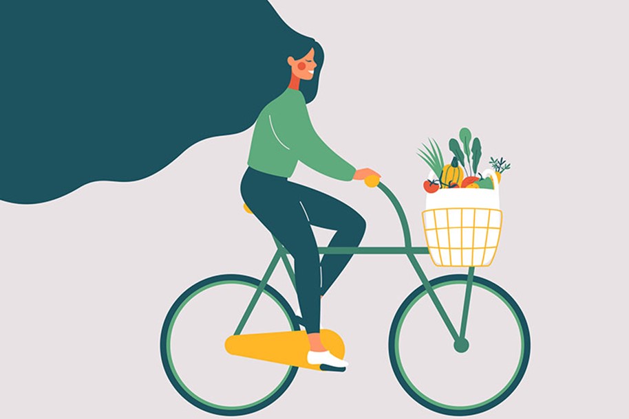 desenho de uma menina andando de bicicleta, com a cesta cheia de frutas e verduras