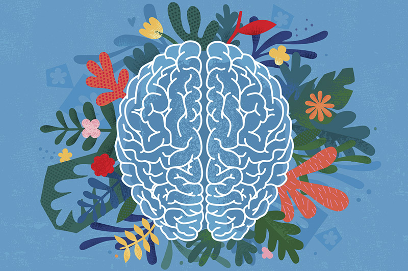 Ilustração de cérebro envolto por flores coloridas