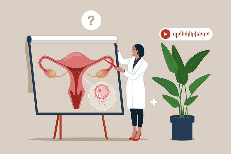  Ilustração de profissional da saúde mulher explicando o funcionamento da ovulação em uma tela com ilustração de útero e ovários