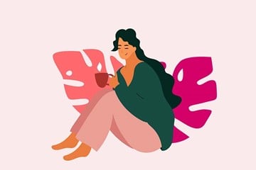 desenho de uma mulher sentada com uma xícara na mão