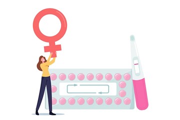 desenho de uma menina ao lado de uma cartela de pílula e um teste de gravidez