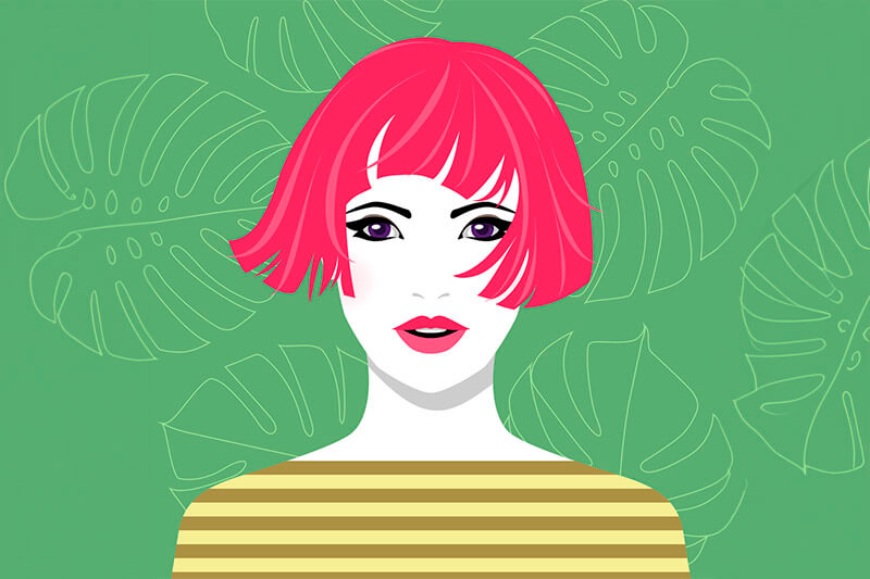 Ilustração com fundo verde com folhas. Em destaque, mulher de pele branca, olhos e boca maquiados, cabelo curto rosa com franja. Ela veste blusa listrada amarelo com cinza