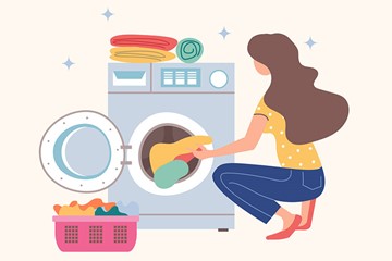 desenho de uma menina colocando roupas dentro de uma máquina de lavar roupas