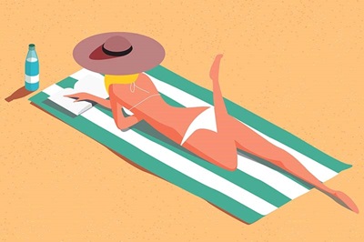 desenho de menina na praia tomando sol