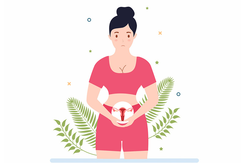 Ilustração de mulher com ícone do útero nas mãos