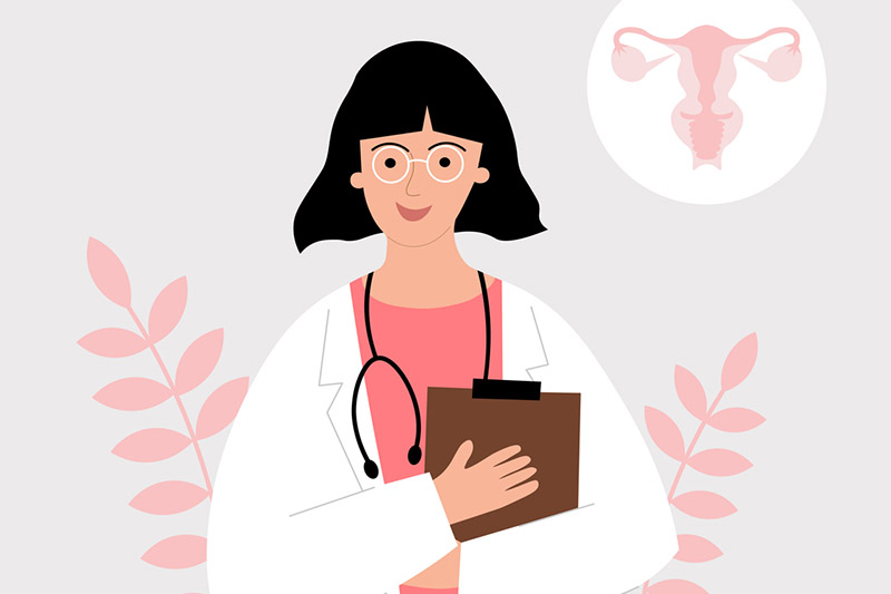 Ilustração de mulher com avental e estetoscópio médico
