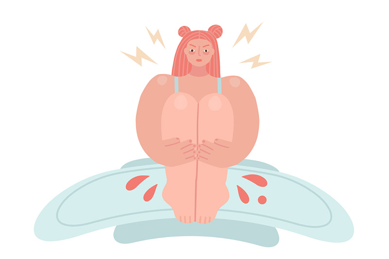 Ilustração de mulher sentada em absorvente menstrual
