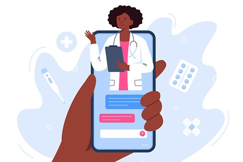 desenho de uma mão segurando um celular, com uma médica na tela e um chat de conversa