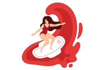 desenho de uma menina surfando em uma onda vermelha em cima de um absorvente com abas