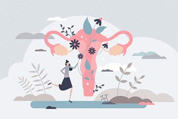 desenho de um sistema reprodutor feminino com flores e plantas ao redor