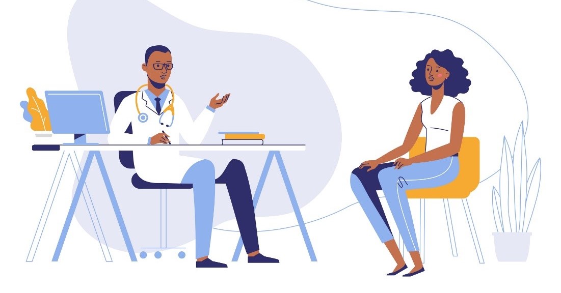 desenho de um médico e uma paciente em um consultório conversando