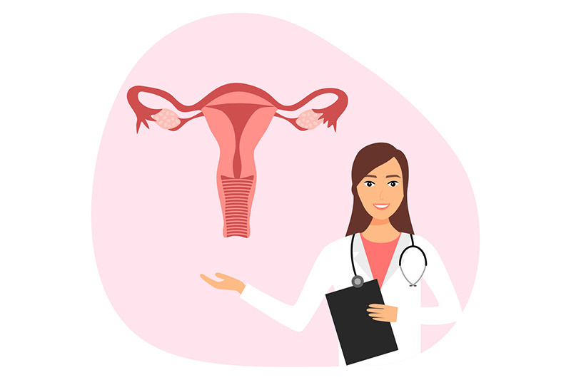 Ilustração de médica vestindo camiseta rosa e jaleco branco. Ao lado dela um desenho que representa um útero. A médica tem cabelos longos e castanhos, pele branca, tem um estetoscópio no pescoço e uma prancheta na mão