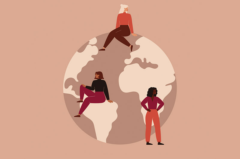 Ilustração de três mulheres ao redor do globo terrestre
