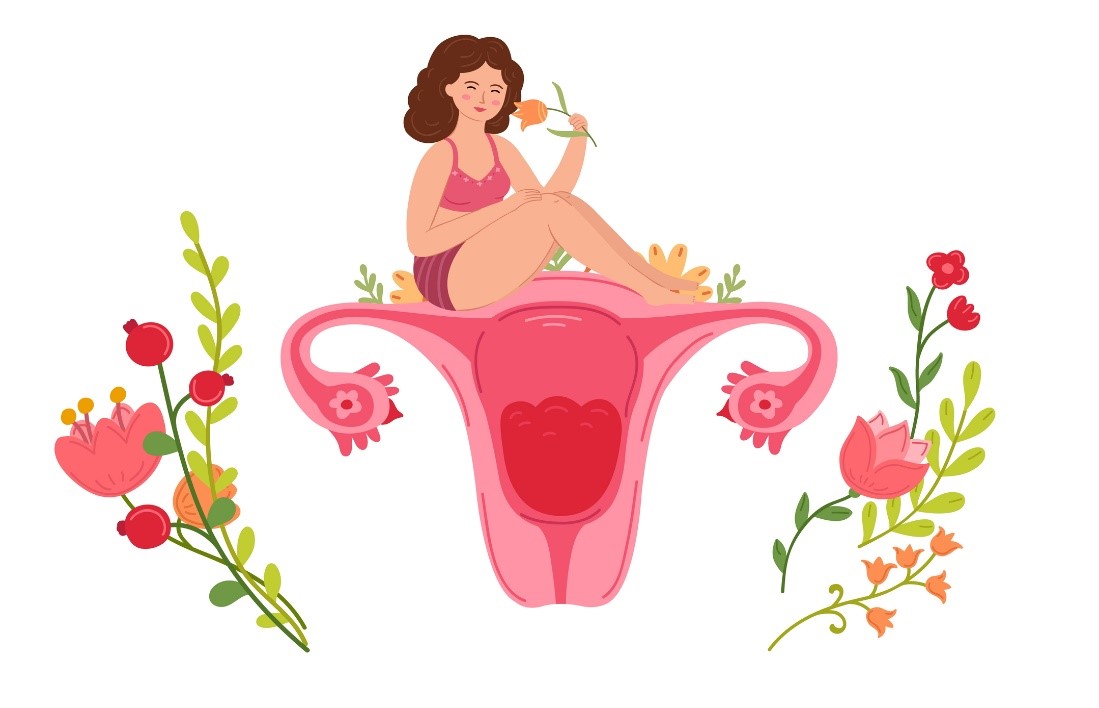 desenho de uma menina sentada sobre um sistema reprodutor feminino