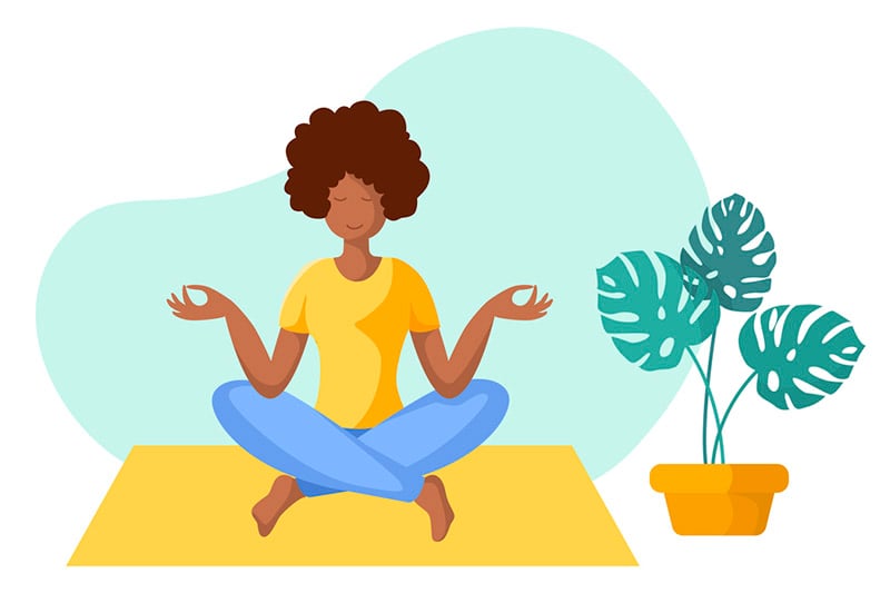 Ilustração de mulher sentada em posição de meditação sobre tapete de ioga