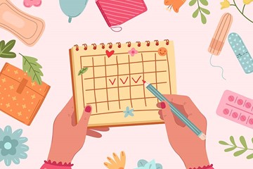 desenho de uma menina fazendo anotações em um calendário, com elementos ao lado - absorventes, pílula e flores