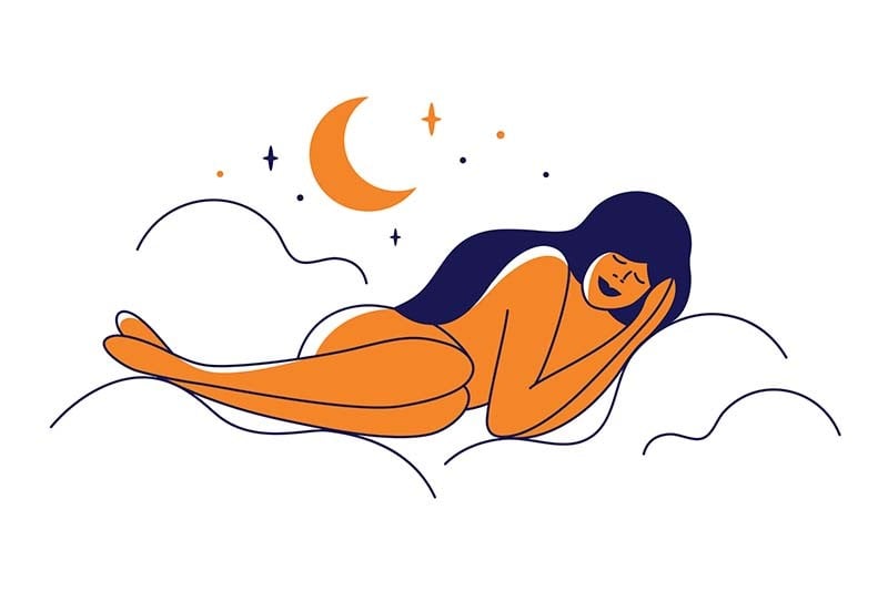 desenho de uma menina dormindo sobre núvens com uma lua e estrelas ao fundo