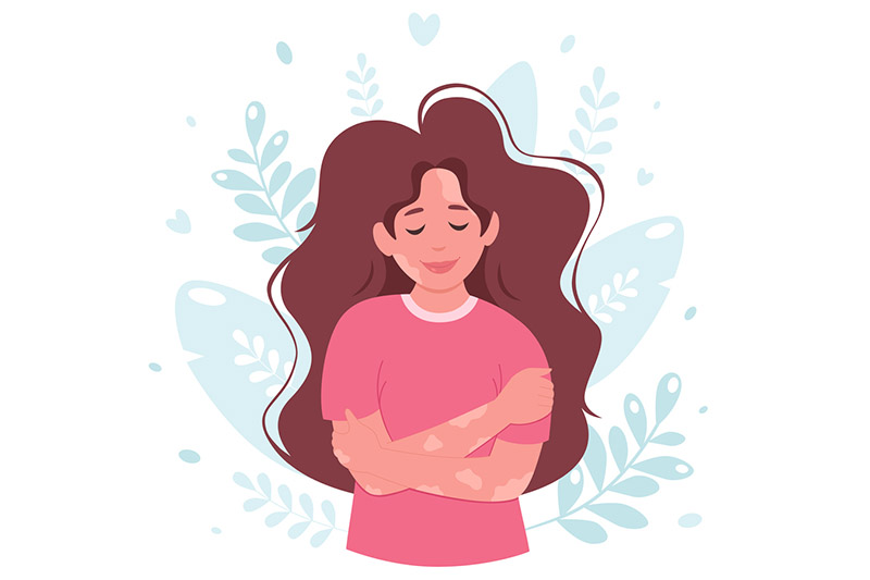 Ilustração de mulher com camiseta rosa e longos cabelos castanhos abraçando a si mesma. Há flores ao redor dela