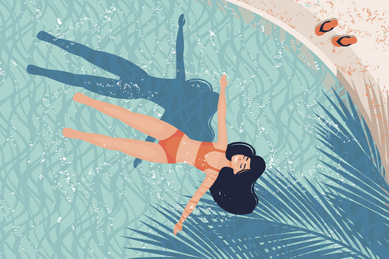 Ilustração de menina de biquíni que boia em uma piscina debaixo da sombra de um coqueiro