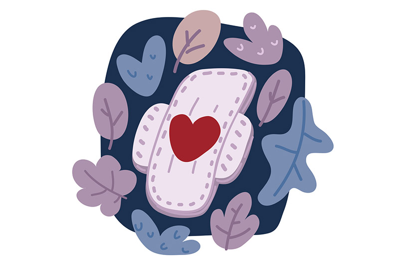 ícone de absorvente menstrual com coração vermelho