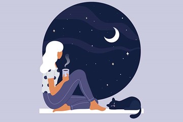 desenho de uma menina sentada na janela com um gato ao lado, olhando para o céu com estrelas e lua