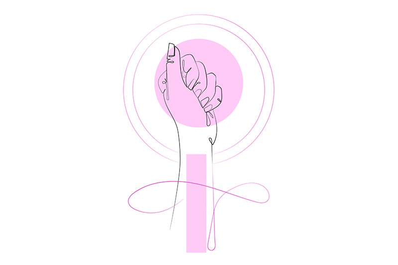 desenho de uma mão com traços que formam o símbolo feminino