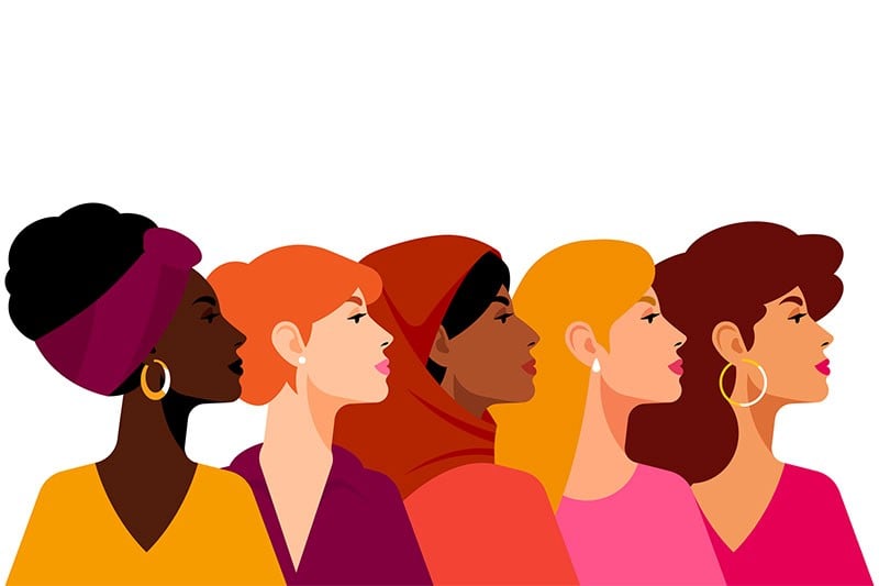 desenho de 5 mulheres de perfil, de diferentes nacionalidades