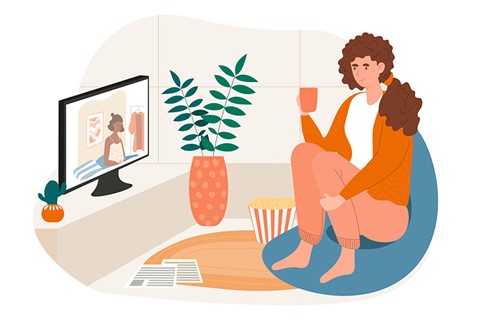 desenho de uma menina tomando um chá sentada no sofá vendo TV