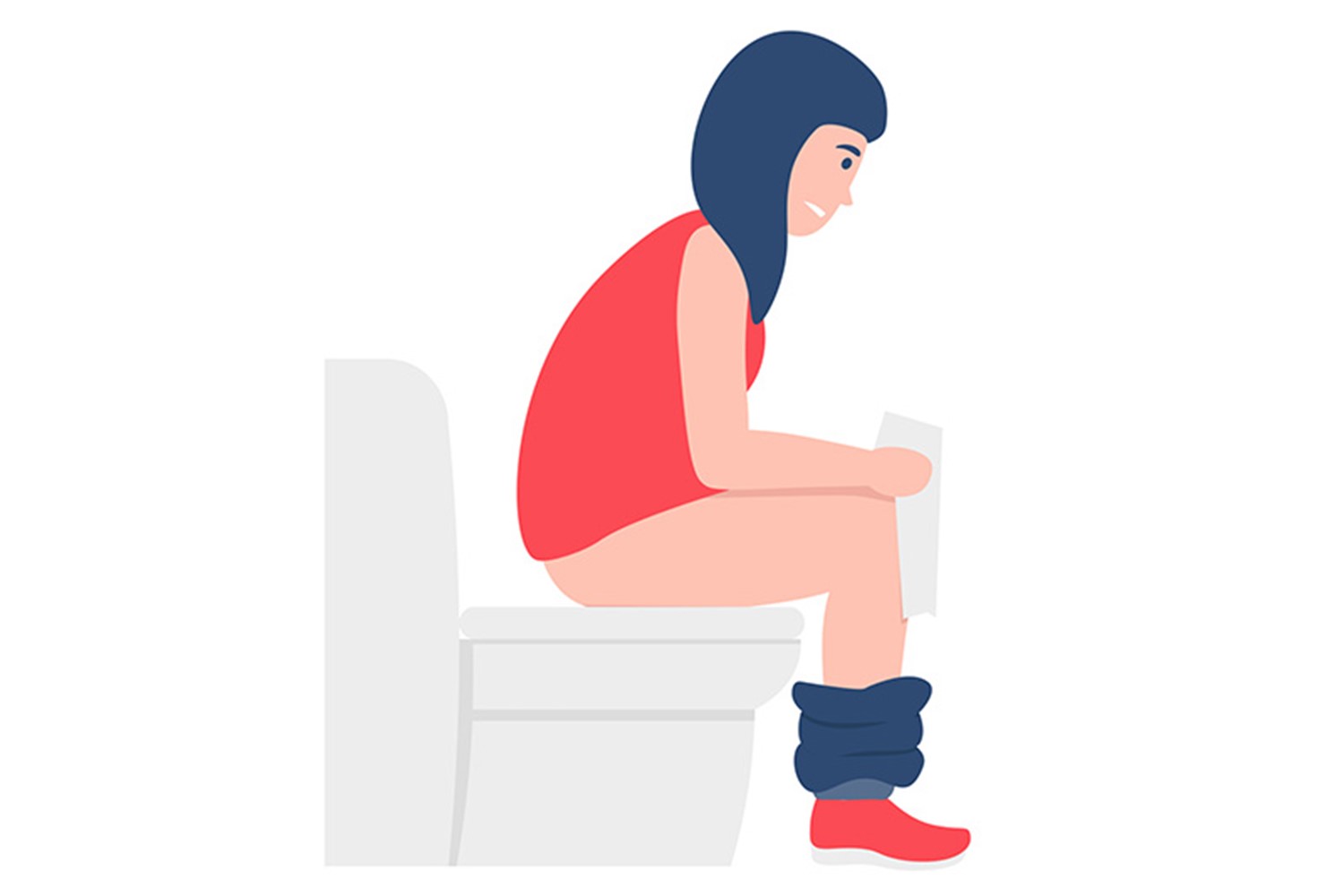 desenho de perfil de uma menina sentada no vaso sanitário, segurando um rolo de papel higiênico