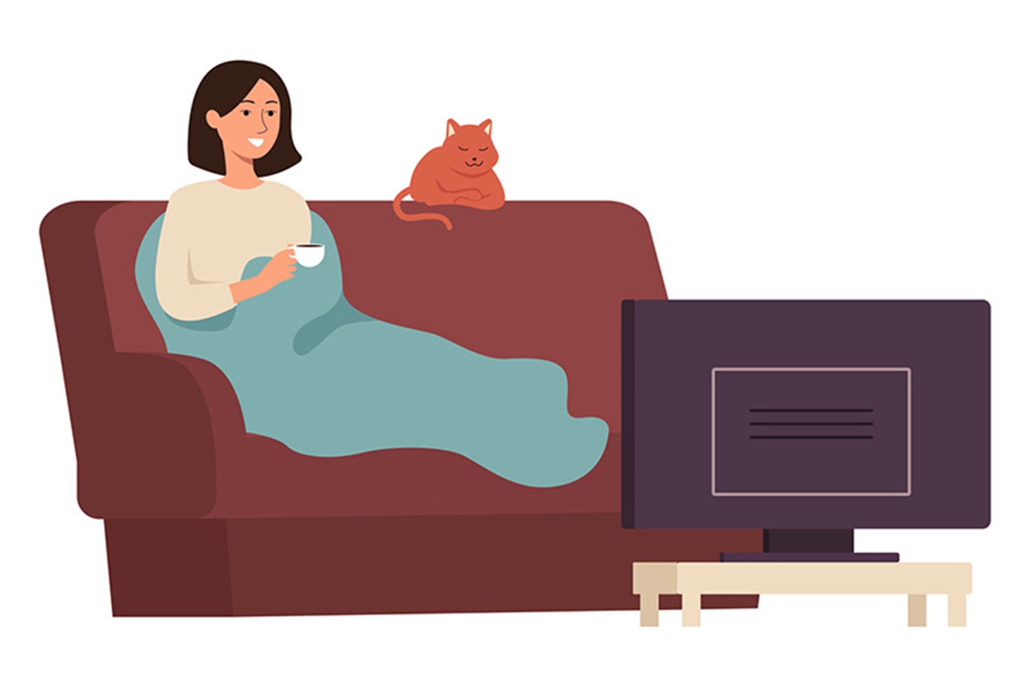 desenho de uma menina sentada no sofá coberta por um cobertor assistindo TV