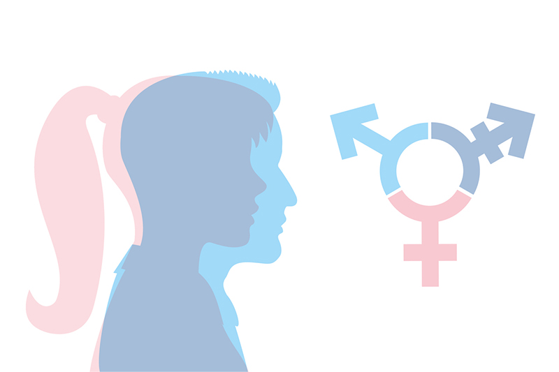 Ilustração de perfis de homem e mulher sobrepostos, ilustrando artigo sobre gênero fluido