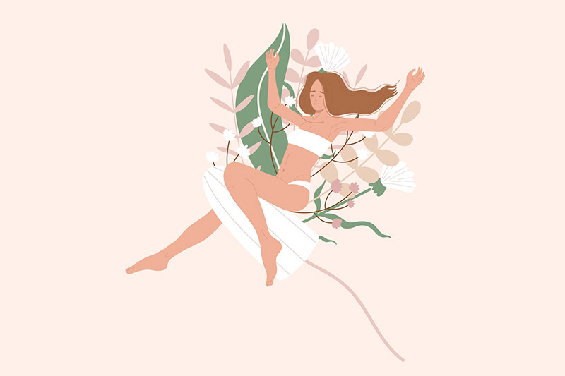 Ilustração de mulher sentada sobre absorvente interno e ramo de flores