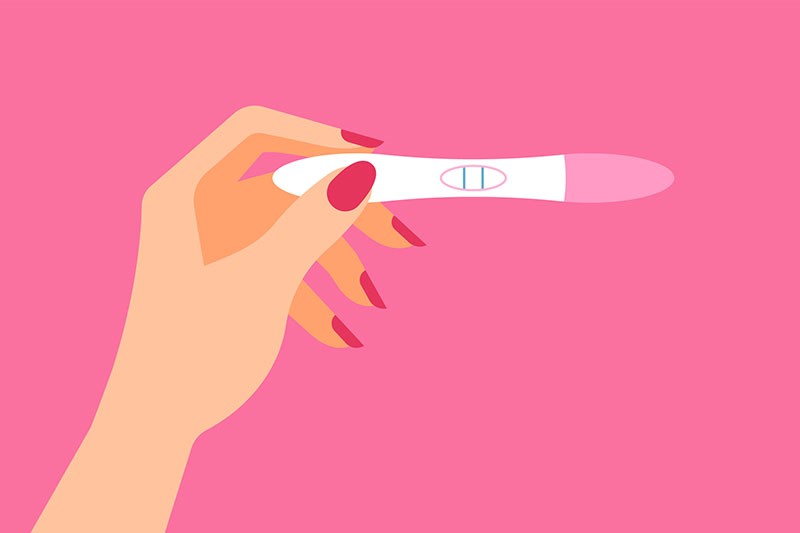 desenho de uma mão feminina segurando um teste de gravidez