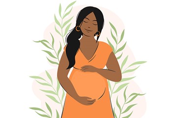 desenho de mulher grávida segurando a barriga, sorrindo