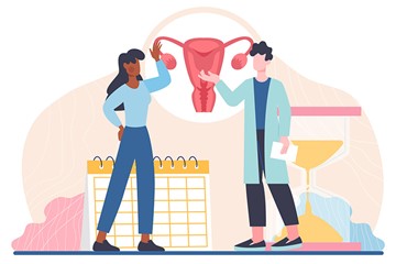 desenho de uma menina conversando com um médico homem, ambos olhando para uma figura de um sistema reprodutor feminino