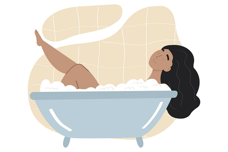 Ilustração de mulher em banheira com espuma. Tomar um banho quente antes de dormir é uma das dicas para uma higiene do sono