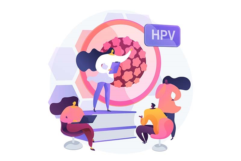 desenho de algumas mulheres juntas observando um painel com a figura de um vírus com uma placa escrito HPV