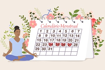 menina meditando ao lado de um calendário gigante, com 5 dias marcados com corações rosas