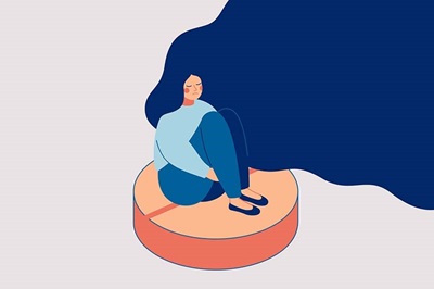 desenho de menina sentada em cima de uma pílula/comprimido