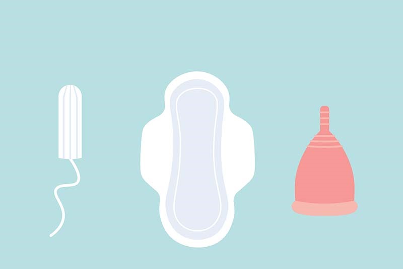 desenho de tipos de absorventes: interno, externo e copo menstrual