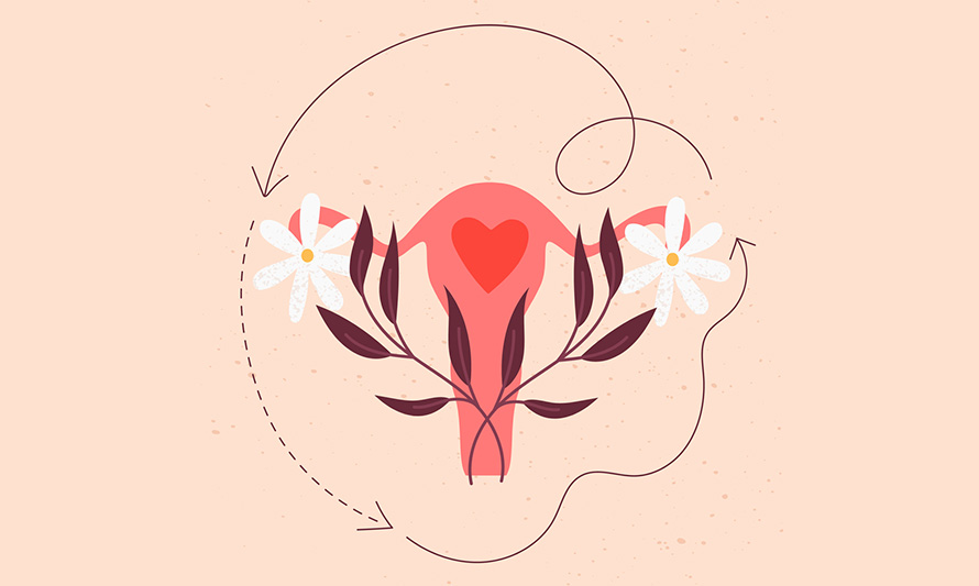 Desenho de um útero com um coração ao centro e flores ao redor