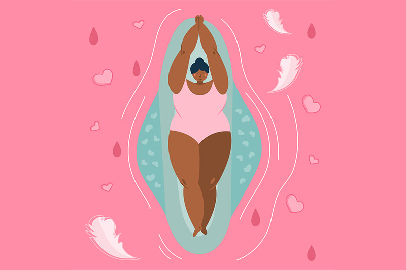 Ilustração de mulher deitada sobre absorvente menstrual