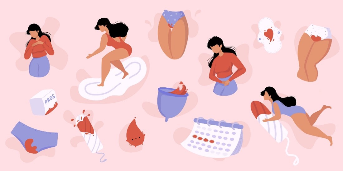 desenho com várias figuras relacionadas a menstruação: um pacote de absorvente, um coletor menstrual, um absorvente interno, etc