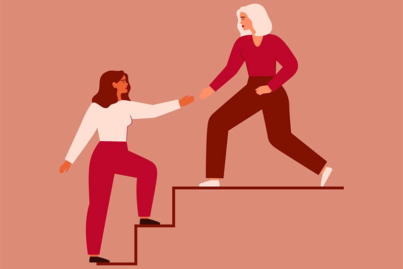 Ilustração com duas mulheres em uma escada, uma está dando apoio para a outra subir. 