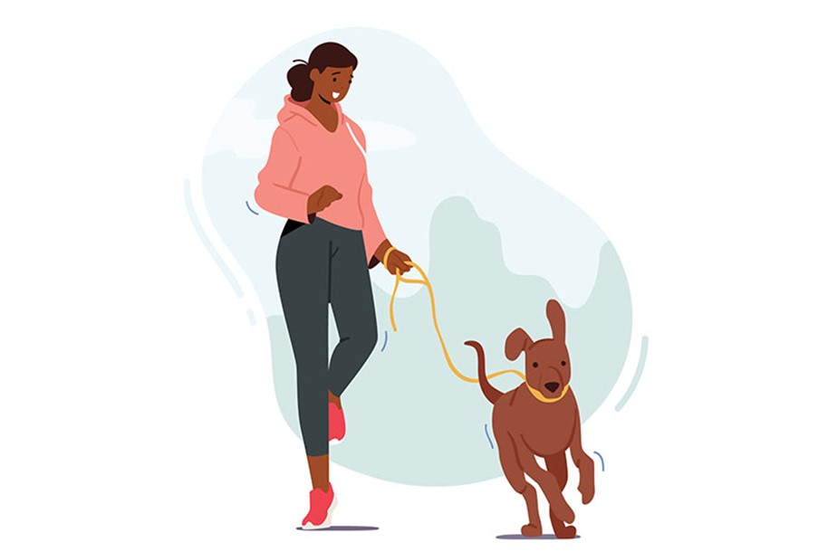menina andando na rua com o seu cachorro